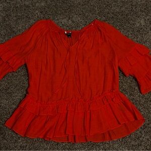 Zac & Rachel Ruffled Peplum Tie-Neck Boho Top in Bright Red